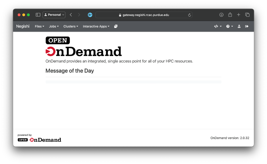Open Ondemand Page Image showing what the Open on Demand (Gateway) entrance page, or dashboard, looks like.