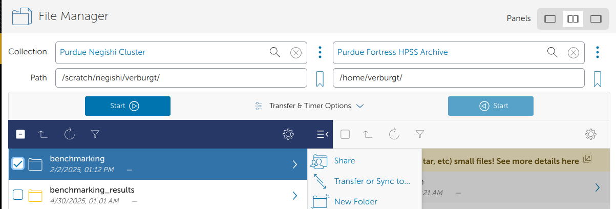 Image of the graphical interface on fortress showing the transfer of files from the Negishi cluster to the Fortress HPSS archive