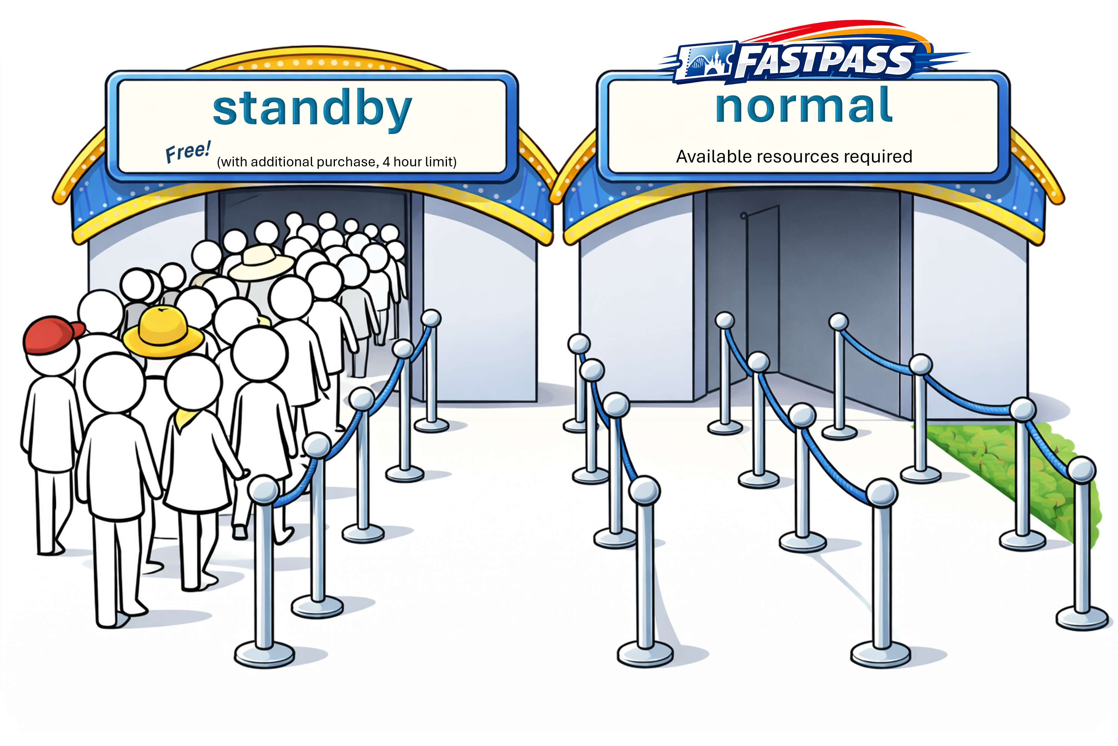 An Image showing a long queue under a standby sign, and an empty line under a sign labeled normal